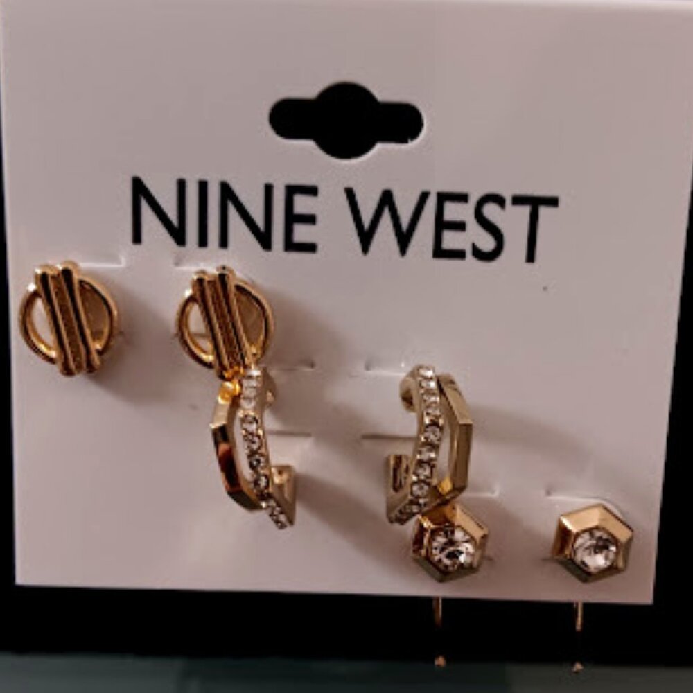 NINE WEST 3pc Mod/Contemporary Gold Clear Crystal Hoops & Stud Earrings Set**NEW - Picture 4 of 4